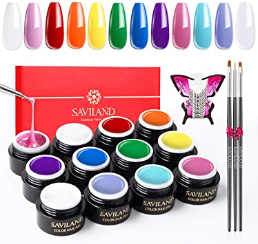 Builder Gel Kit for Nails - Saviland 12 Colors Neon Nail Extension Gel Nail Enhancement Manicure Set with Nail Forms and 3pcs Brush Set Easy DIY Nail Art for Beginners and Professional
