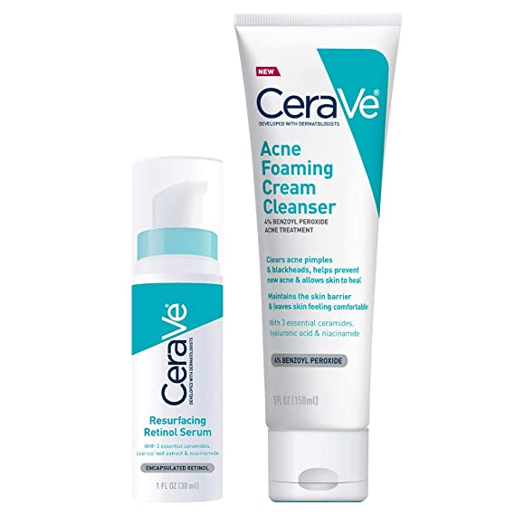 CeraVe Acne Treatment Face Wash and Retinol Serum Bundle | Contains One Acne Foaming Cream Cleanser (5 Ounce) and One Brightening Facial Serum for Post-Acne Marks and Pores (1 Ounce)