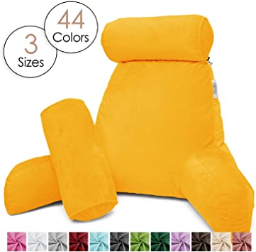 Nestl Reading Pillow, Includes 1 Extra Large Bed Rest Pillow with Arms and Pockets   2 Detachable Pillows - Shredded Memory Foam TV Pillow, Neck Roll & Lumbar Support Pillow - Set of 3 - Yellow