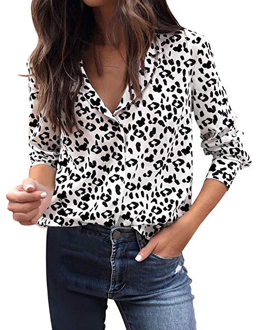 Avanova Women's Casual Leopard Print Tops V Neck Long Sleeve Button Down Shirt