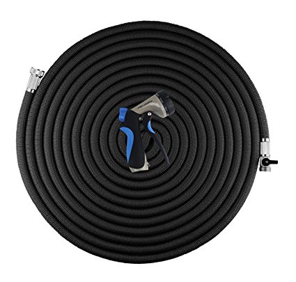 FOCUSAIRY Upgraded 100 Feet Expanding Heavy Duty Expandable Strongest Garden Water Hose with Shut Off Valve Solid Metal Connector and 8-pattern Spray Nozzle