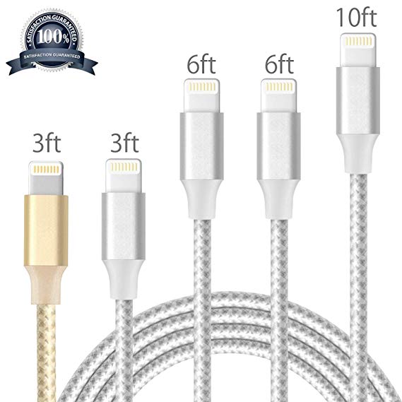 Lightning Cable, iPhone Cable Charger Cables Pack 5Pack 3FT 3FT 6FT 6FT 10FT to USB Syncing Data and Nylon Braided Cord Charger for iPhone X/8/8Plus/7/7Plus/6/6Plus/6s/6sPlus/5/5s/5c/SE and More