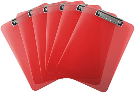 Trade Quest Plastic Clipboard Transparent Color Letter Size Low Profile Clip (Pack of 6) (Red)