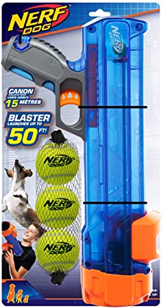 Nerf Dog Compact Tennis Ball Blaster Gift Set with 3 Balls, Great for Fetch, Hands-Free Reload, Launches up to 50 ft, Single Unit, Includes 3 Nerf Balls, 4791, Translucent Blue