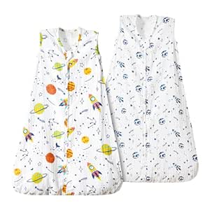 PHF 100% Muslin Cotton Baby Sleep Sacks, 12-18 Months Sleep Sack with 2-Way Zipper, 2 Pack Cooling 0.5 TOG Breathable Large Size Sleeveless Baby Wearable Blanket for Baby Boy, Space