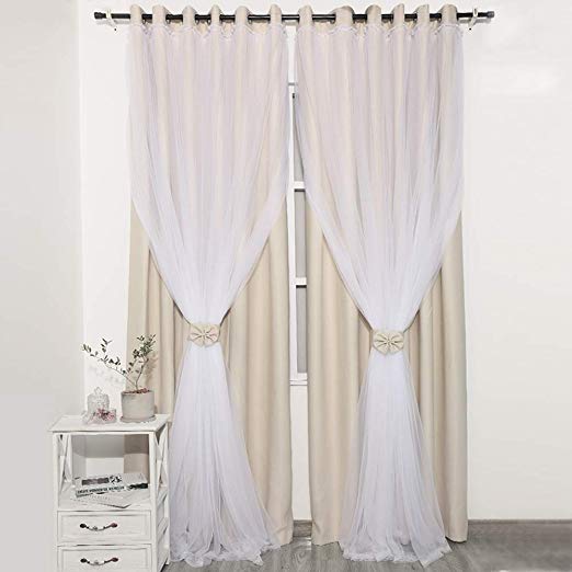 Vandesun Dual Layer Grommet Top Mix and Match Blackout Curtains with White Sheer for Living Room and Bedroom - 1 Panel (52" W X 63" L, Beige)