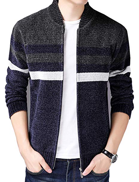 HOW'ON Men's Casual Wide Stripes Zipper Knitted Cardigan Sweater