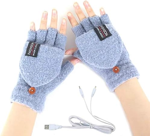 Women's & Men's USB Heated Gloves Knitting Hands Full & Half Heated Fingerless Heating Warmer with Button Washable Design, Mitten Winter Hands Warm Laptop Gloves