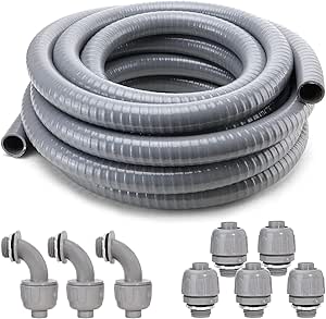 DWALE Liquid-Tight Conduit and Connector Kit,Flexible Non Metallic Liquid Tight Electrical Conduit,1/2inch 25ft Electrical Conduit Kit,with 5 Straight and 3 Angle Fittings Included,1/2 in. Dia