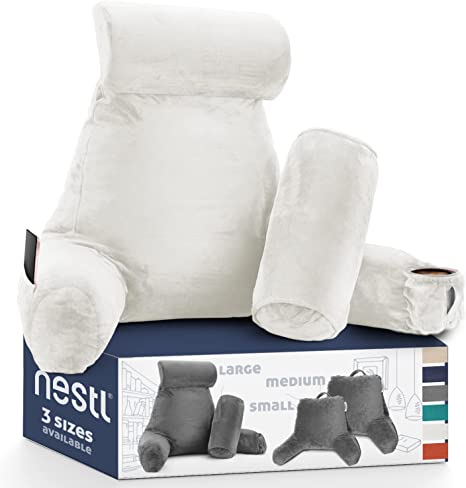 Nestl Reading Pillow Large Bed Pillow, Back Pillow for Sitting in Bed Shredded Memory Foam Chair Pillow, Reading & Bed Rest Pillows White Back Pillow for Bed, Bed Chair Arm Pillow with Pockets