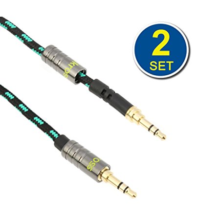 2-Pack 10FT Audio AUX Cable, iKross 10 Feet 3.5mm AUX Jack Tangled - Free Braided Sleeve Jacket Stereo Auxiliary Aux Audio Stereo Cable - Black / Green