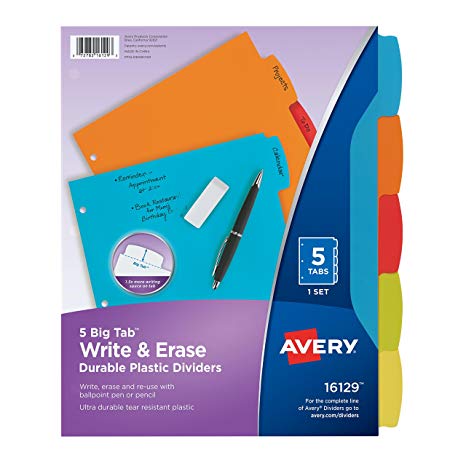Avery Big Tab Write & Erase Durable Plastic Dividers, 5 MulticolorTabs, 1 Set (16129)