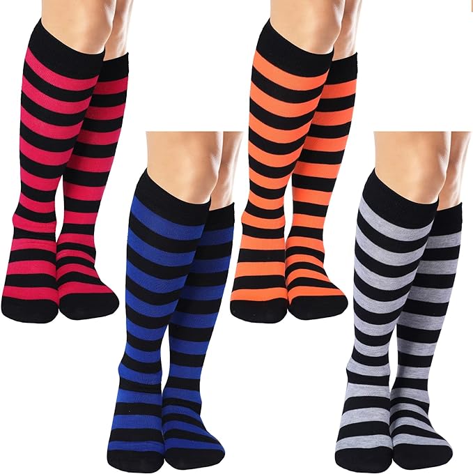 SATINIOR 4 Pair Women Girls Colorful Striped Knee Socks High Witch Knee Socks Halloween High Socks Opaque Stockings