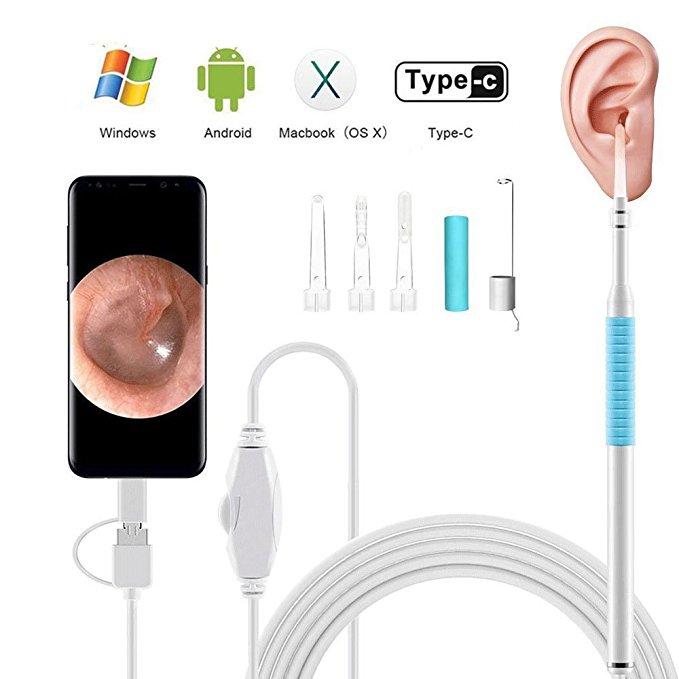 USB otoscope camera, Deriruler 3 in 1 Digital Ear Endoscope,1.3 Megapixels 720P HD Ear Inspection Camera Earwax Cleansing Tool With 6 LED lights for Micro USB&USB-C Android Phone,Windows &MAC PC-6.5f