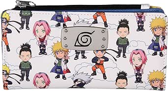 Naruto Shippuden Chibi Figures Snap Closure Faux Leather Wallet For Women w/Metal Hidden Leaf Village Logo