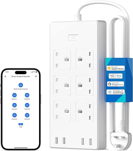 meross Smart Power Strip, 6 Gangs   4 USB Ports Smart Extension Lead, Compatible with Apple HomeKit, SmartThings, Amazon Alexa, Google Home, Voice/Remote Control, 2.4GHz, 3250W