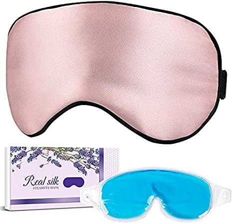 LC-dolida Silk Sleep Mask Super Smooth Eye Mask Satin Blackout Sleeping Mask with Cooling and Heated Gel Sleep Mask for Improving Dry and Puffy Eyes and Black Circles, Gift for Women Girl(Pink)