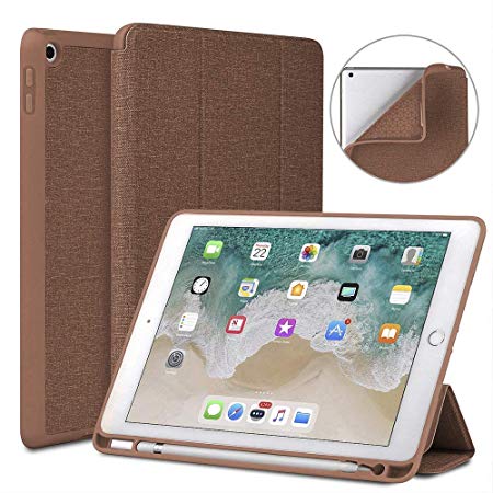 Soke New iPad 9.7 2018/2017 Case with Pencil Holder, Lightweight iPad Case Trifold Stand with Shockproof Soft TPU Back Cover and Auto Sleep/Wake Function for iPad 9.7 inch 5th/6th Generation, Brown