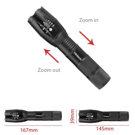 LED Flashlight, Hictech 1600 Lumens CREE XML T6 Brightest Tactical Flashlight Outdoor Handheld Zoomable Flashlight with 5 Modes ,Adjustable Focus Torch , Water Resistant Lamp