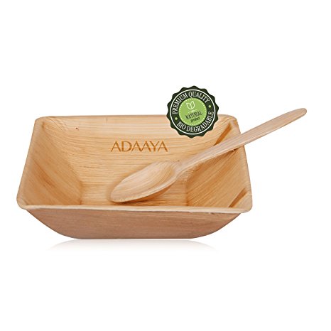 Adaaya Palm Leaf Bowls 5 Inch Square Natural & 100% Compostable - Best Disposable Party Bowls- 25 Count