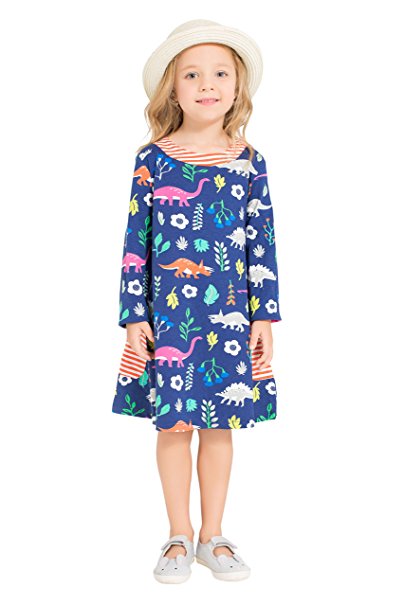 Little Bitty Girl Printed Flower Casual Toddler Cotton Long Sleeve Girl Dress