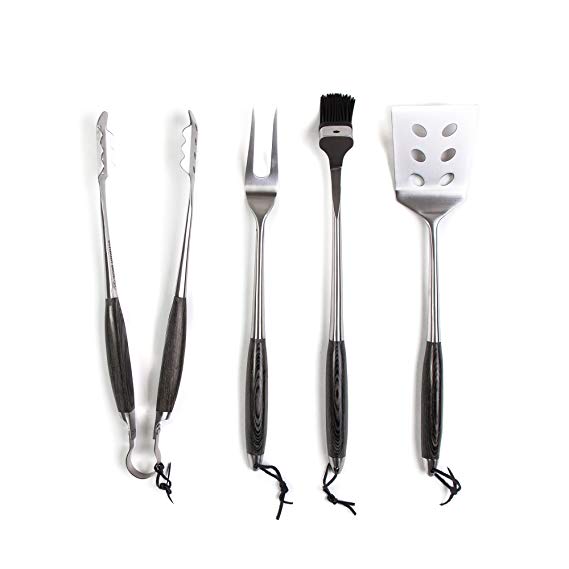 Schmidt Brothers - BBQ Ash 4 Piece Grill Set, Full-Forged Stainless Steel Grilling Utensils Including Spatula, Fork, Basting Brush, and Tongs with All Wood Handles