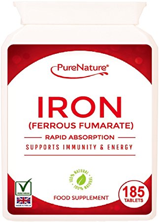 IRON Ferrous Fumarate 6 Month Supply 185 Easy to Swallow Rapid Absorption Maximum Strength Tablets Suitable for Vegetarians and Vegans FREE UK Delivery