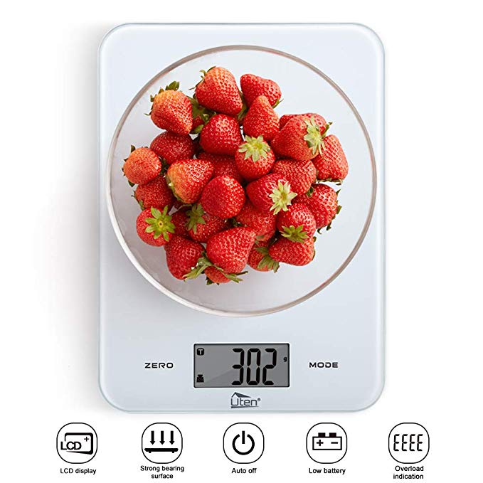 Uten Kitchen Scales 8kg/17.6lb Digital Food Weighing Scale with Tempered Glass Platform Touch Button and Battery Included - (White)