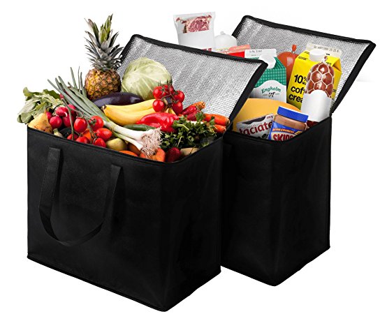2 Pack Insulated Reusable Grocery Bag, Extra Large Size, Stands Upright, Collapsible, Sturdy Zipper