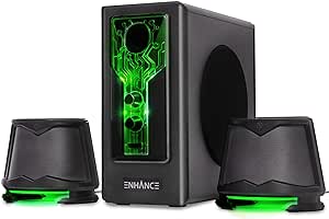 ENHANCE SB 2.1 Computer Speakers with Subwoofer - Green LED Gaming Speakers, Computer Speaker System, AC Powered & 3.5mm, Volume and Bass Control, Compatible with Gaming PC, Desktop, Laptop