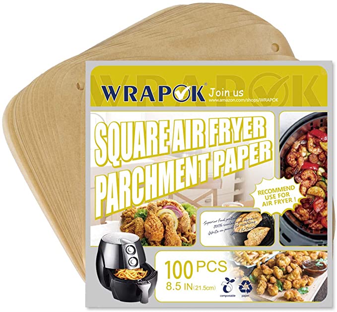 WRAPOK Air Fryer Parchment Paper 8.5 Inch Unbleached Perforated Sheet Non-Stick Liner for Meats, Chips or Cookies - 100 Count