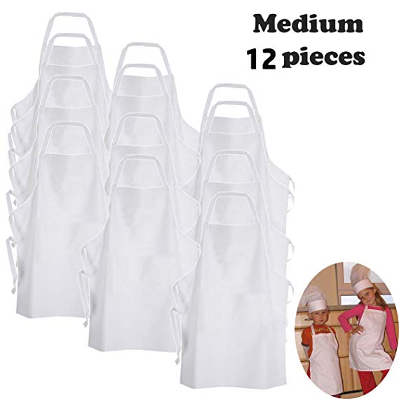 Twinklebelle White Fabric Kids’Chef Apron to Decorate with Marker, Paint, Iron on or Embroidery (M: 3-9 Years, 12-pc Pack)