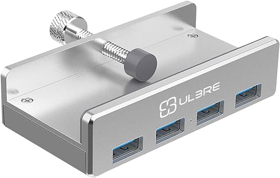 ULBRE USB Hub 3.0, Desk USB Hub 4 Port Aluminum Clamp Hub with Durable Adjustable Clip, Compact Space Saving for Table Edge Monitor Desktop Laptop Computer PC