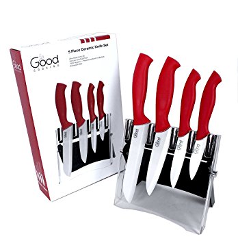 Ceramic Knife Set with Block- 5 Pc Cutlery Ceramic Knives Set By Good Cooking (Red Handles)