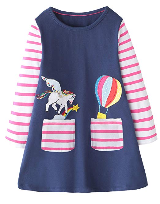 Fiream Toddler Girls Cotton Longsleeve Casual Dresses Applique Cartoon