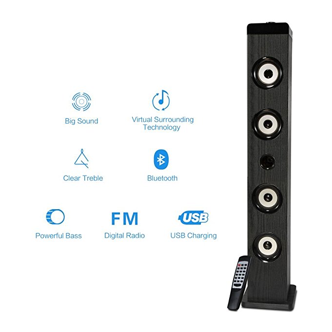 Tower Speaker, TRANPSEED Wireless Bluetooth Floorstanding Speaker for iPhone, iPad, Samsung, Powerful Home Theater Speaker with Surround Sound, USB Charging Station Dock, FM Radio and Remote Control