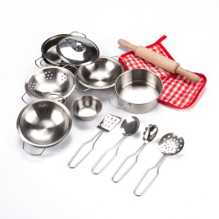 Toyerbee Pretend Play Toys - Little Chef Stainless Cookware Set 15 Piece Toy Pots and Pans with Cooking Utensils Kitchen Playset for Toddlers