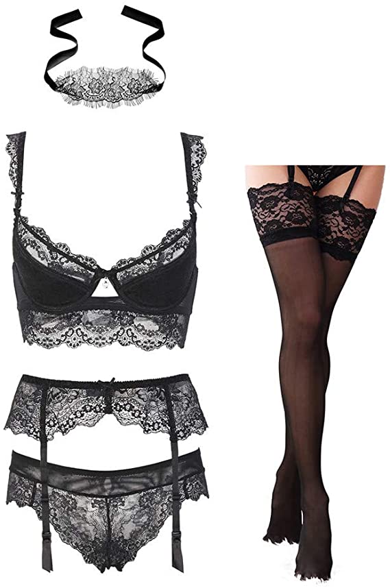Sexy Code 1701 Women Push Up Lace Bras Set Lace Lingerie Bra and Panties and Socks and eyeshade 5 Piece