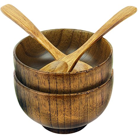 4 Piece Wooden Bowl and Spoon Set for Rice Miso Soup and More by bogo Brands