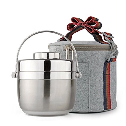 Fatmingo Stainless Steel Thermal Food Container,Insulated Lunch Box 2 Tier with Hand Bag (1.5L Silver)
