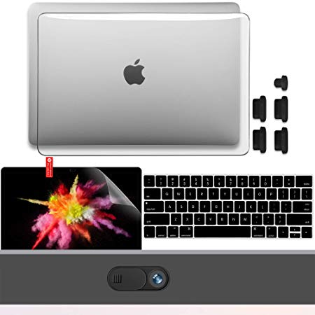 GMYLE MacBook Pro 13 Case 2018 2017 2016 Release A1989/A1706/A1708, Logo See Through Hard Shell, Keyboard Cover and Screen Protector, Privacy Webcam Cover Slide, Anti Dust Plugs Set – Crystal Clear