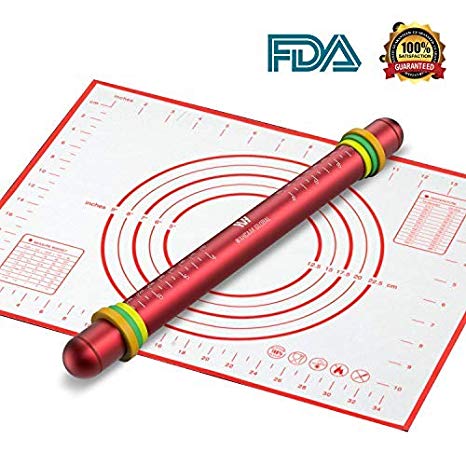 WahCaak Rolling Pin Fondant Kit - Adjustable Rolling Pin with Non-Stick Pastry Mat and 3 Removable Rings for Dough, Baking and Cookies, FDA Approved