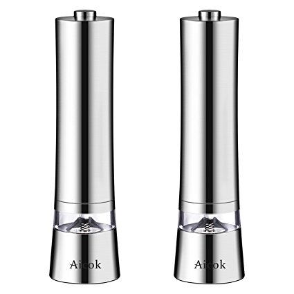 Aicok Electric Salt and Pepper Grinder Set (Pack Of 2), Stainless Steel Electronic Salt & Pepper Mill with Adjustable Ceramic Coarseness, Electronic Salt and Pepper Shakers with Visible Window Unique