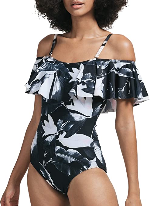 Women One Piece Swimsuit Ruffled Flounce Bathing Suits Off Shoulder Floral Vintage Swimwear Tummy Control
