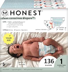 The Honest Company Clean Conscious Diapers | Plant-Based, Sustainable | Dots & Dashes   Multi-Colored Giraffes | Super Club Box, Size 1 (8-14 lbs), 136 Count