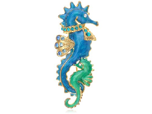 Alilang Gold Tone Pearlescent Blue Green Nautical Sea Horse Family Brooch Pin