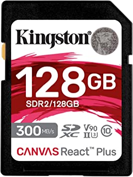 Kingston Canvas React Plus 128GB SD Card | SDXC UHS-II | 300R/260W U3 V90 | Full HD/4K/8K | SDR2/128GB, Black