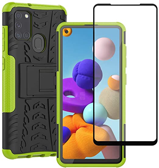 Yiakeng Samsung Galaxy A21s Case and Screen Protector, Shockproof Silicone Protective with Kickstand Phone Cover for Samsung Galaxy A21s (Green)