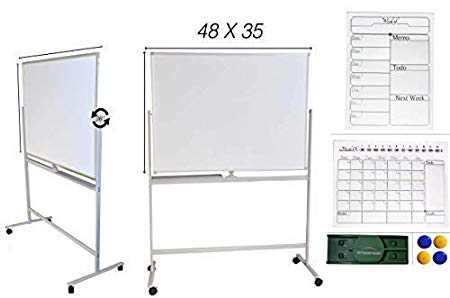 Taiga Now — 48" x 35" Whiteboard - Mobile, Double-Sided, Flippable — with 7pc Accessory Set: Dry Eraser, Magnetic Weekly and Monthly Planner, Plus 4 Magnets! Great for Office, Classroom and More!