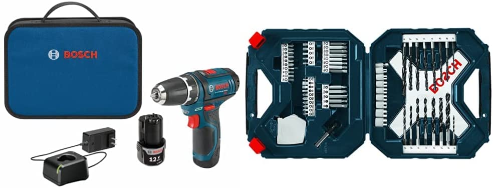 BOSCH Power Tools Drill Kit - PS31-2A - 12V, 3/8 Inch & Soft Carrying Bag, Blue & 65-Piece Drilling and Driving Mixed Set MS4065